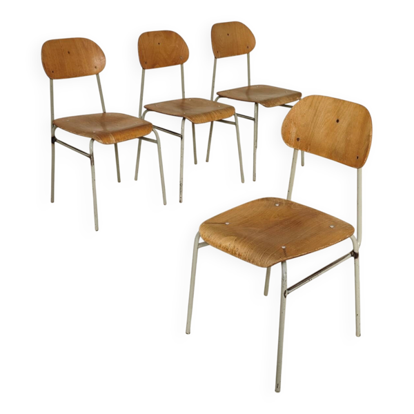 Lot de 4 chaises d'école métal et bois Ex Tchécoslovaquie 1960