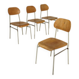 Set of 4 metal and wood school chairs, former Czechoslovakia, 1960.