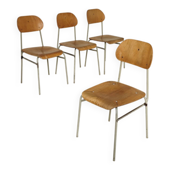 Set of 4 metal and wood school chairs, former Czechoslovakia, 1960.