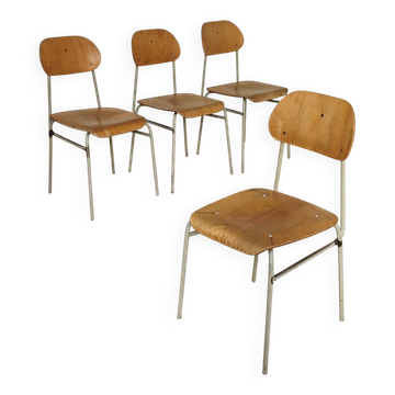 Set of 4 metal and wood school chairs, former Czechoslovakia, 1960.