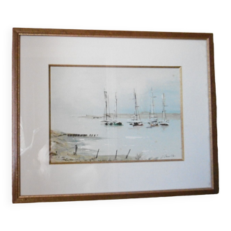 Marine watercolor framed under glass by J.MALIBAR