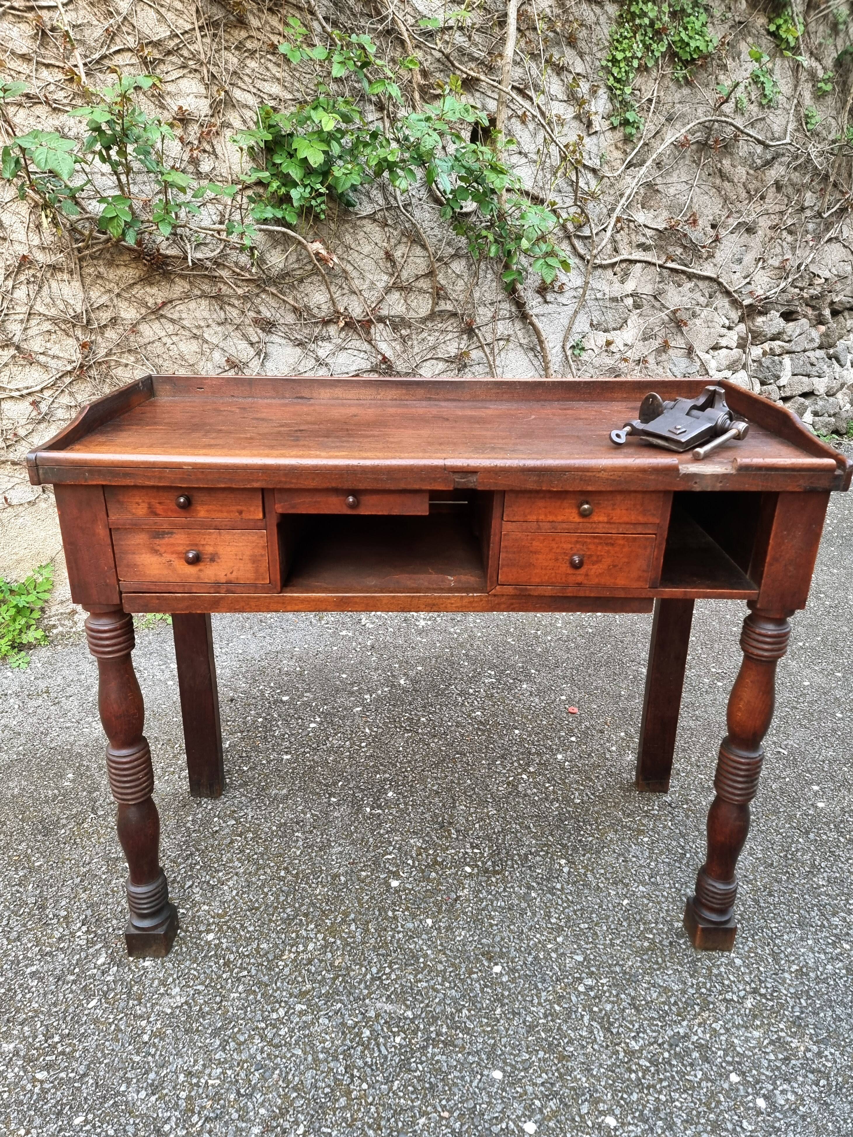French antique watchmaker's bench – Table with drawers, vice, and original sliding leather surface – circa 1900