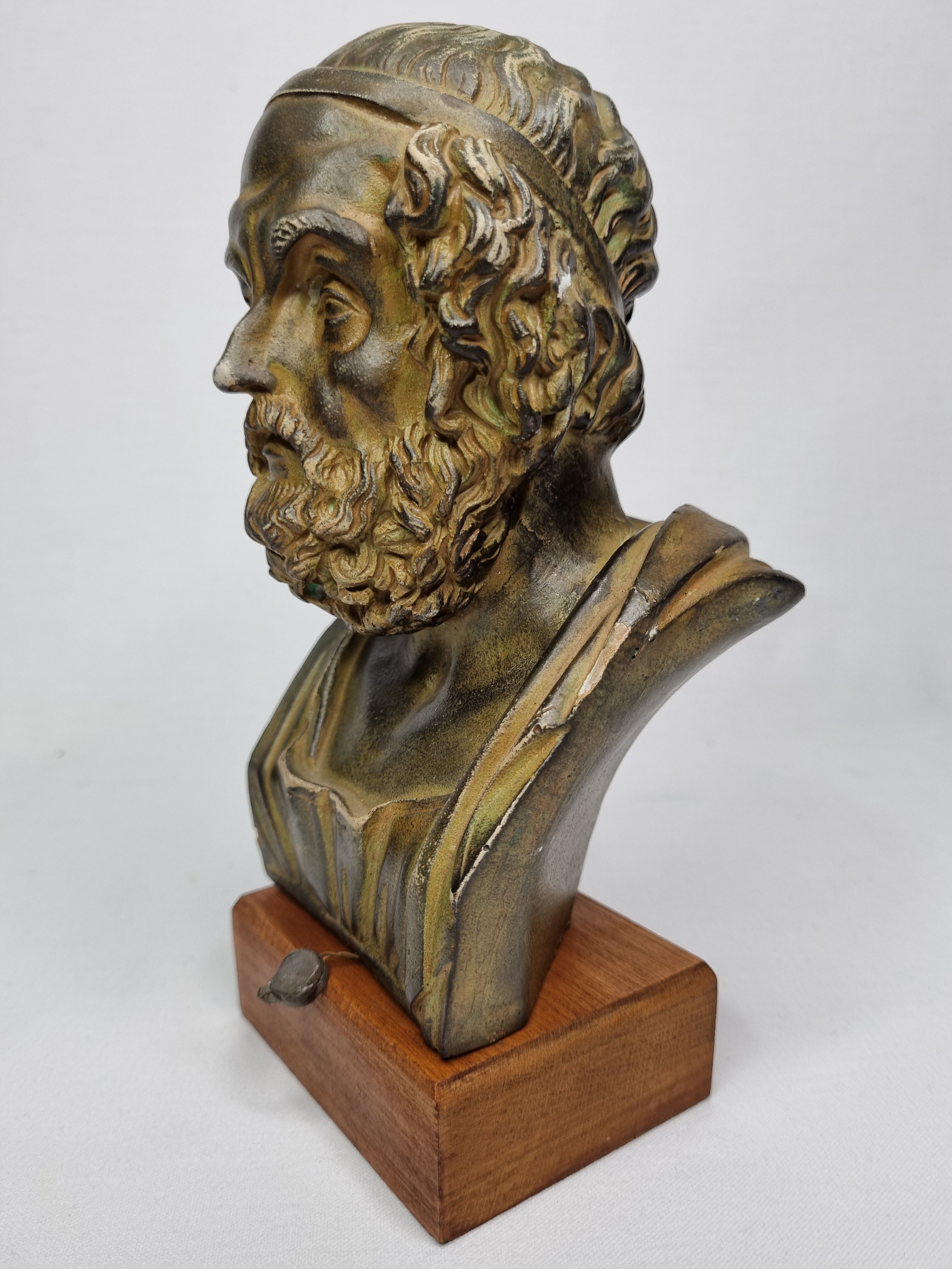 Bust of Homer in patinated plaster on wooden base, 21 cm