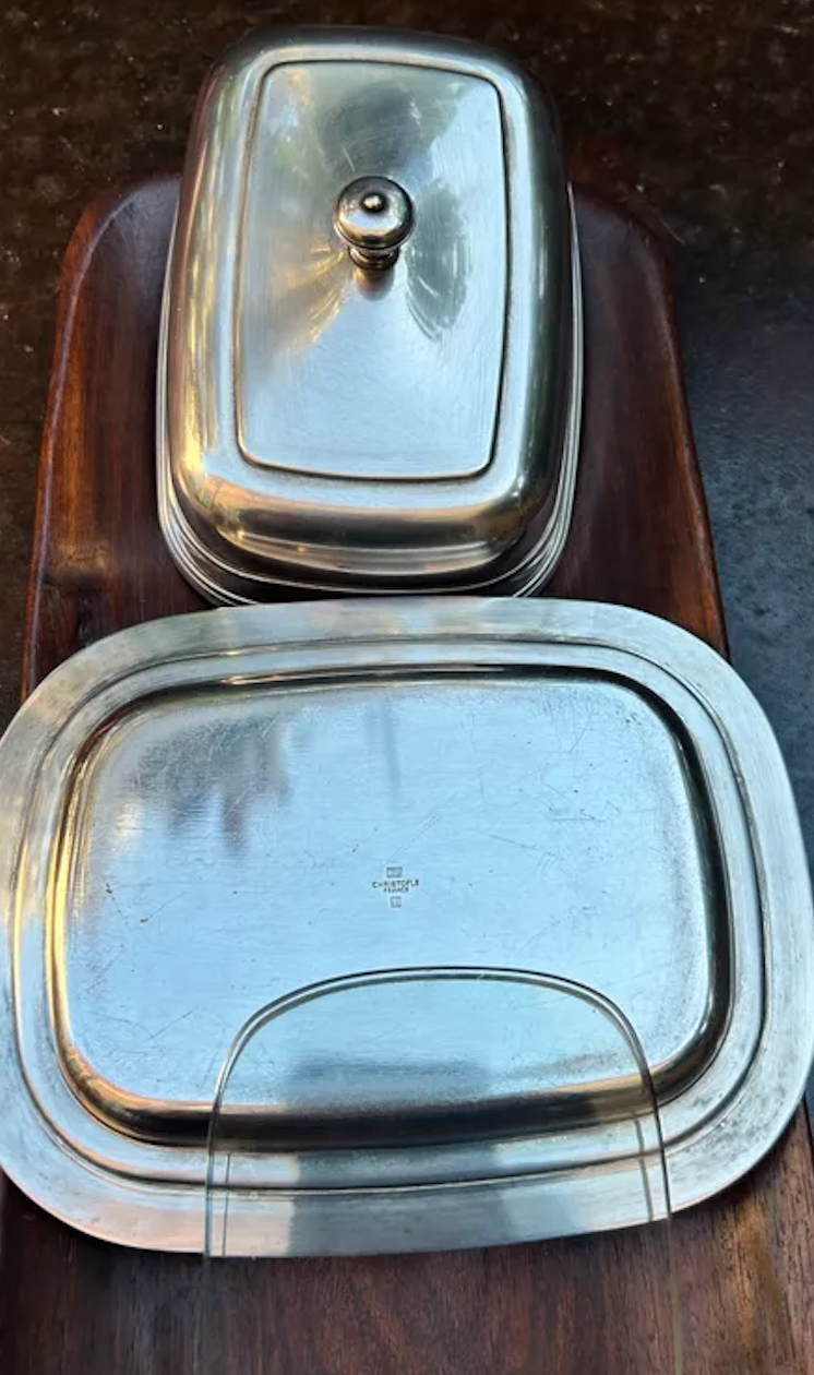 Christofle butter dish model Albi, Complete (3 pieces), Silver-plated Metal and Glass