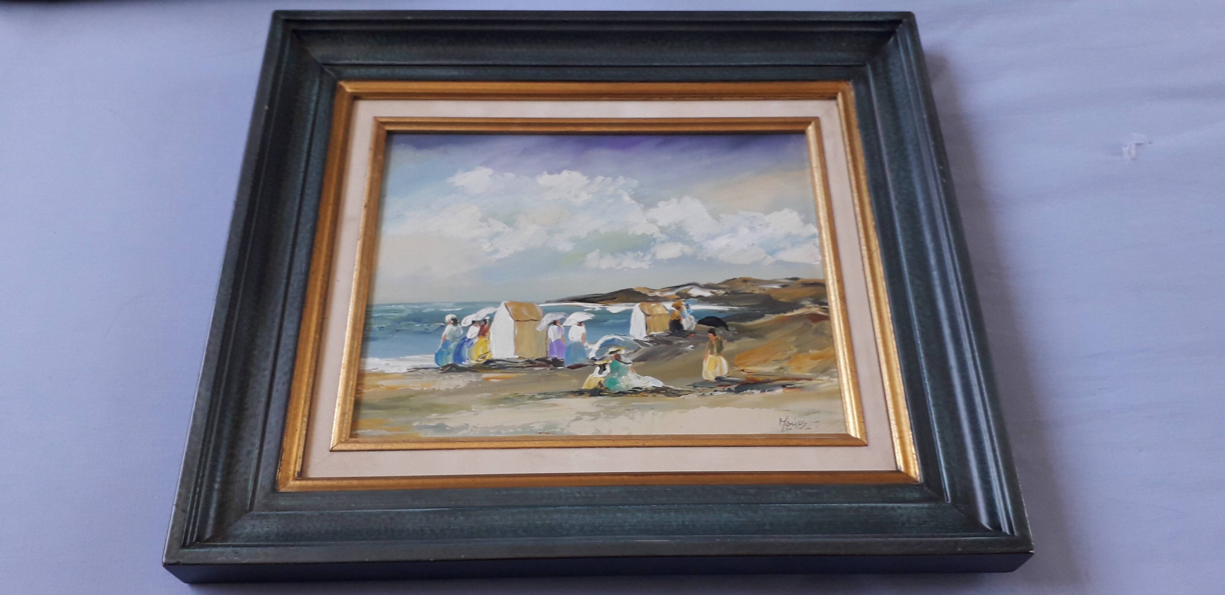 Antique oil painting depicting a seaside scene