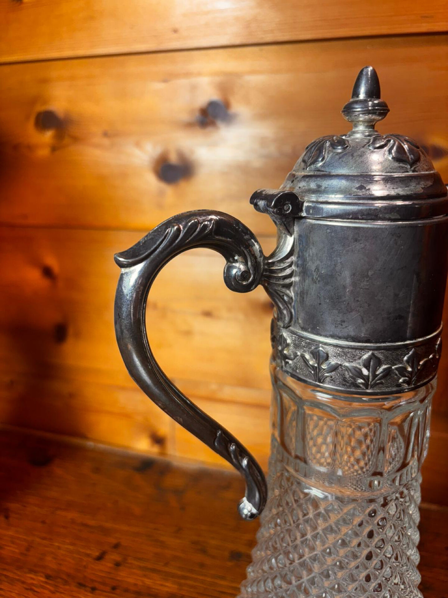 Beautiful moulded glass carafe jug, silver-plated mount, vintage.