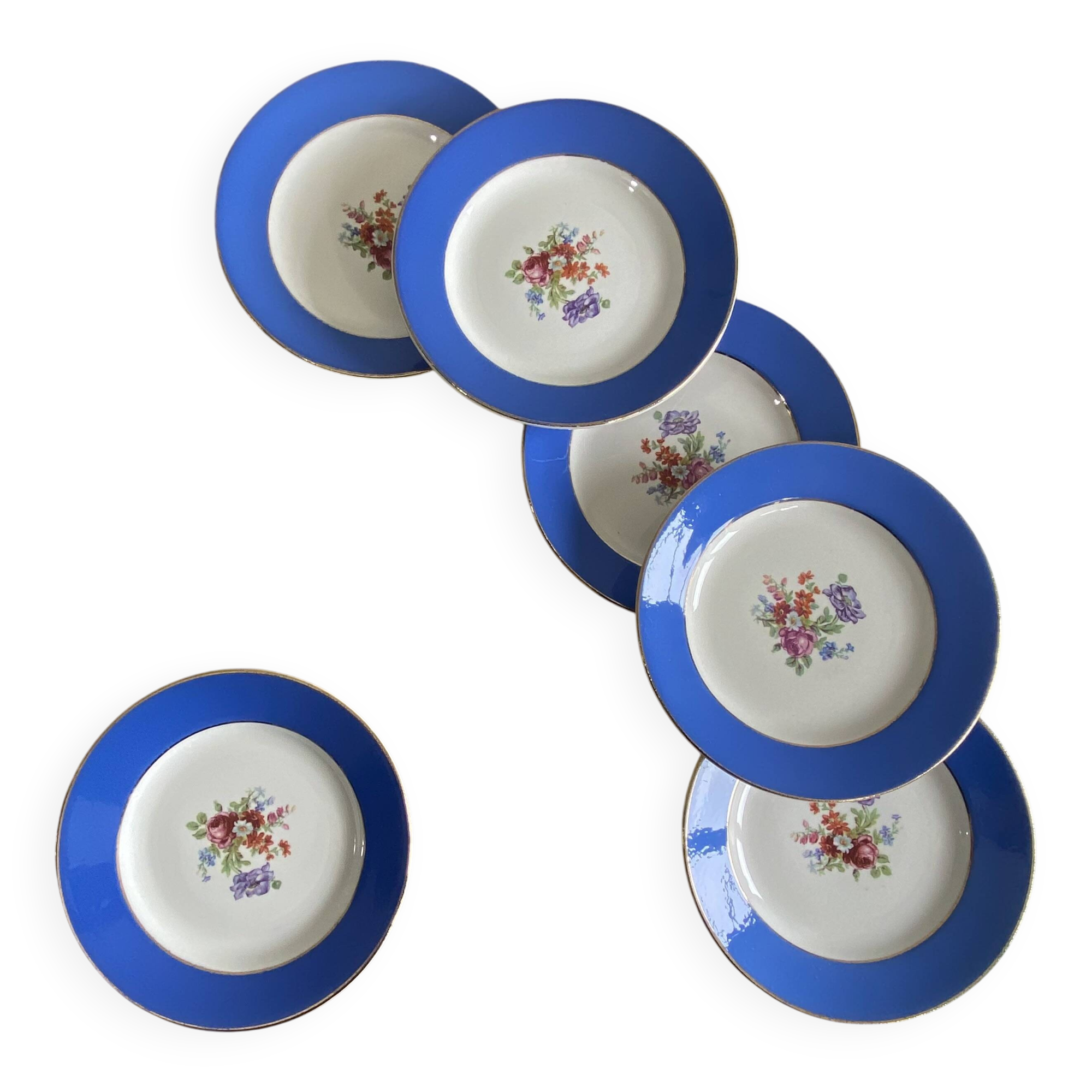 6 blue antique earthenware plates with flowers and gilding from Saint Amand Hamage.