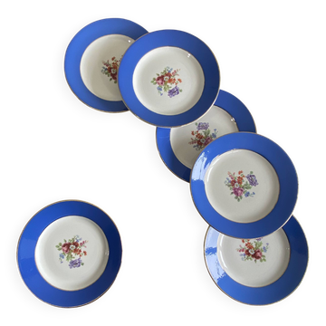 6 assiettes plates faïence ancienne bleue fleurs dorure Saint Amand Hamage