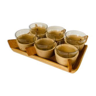Coffee service 6 cups - wooden tray - scandinavian spirit glass - vintage -retro