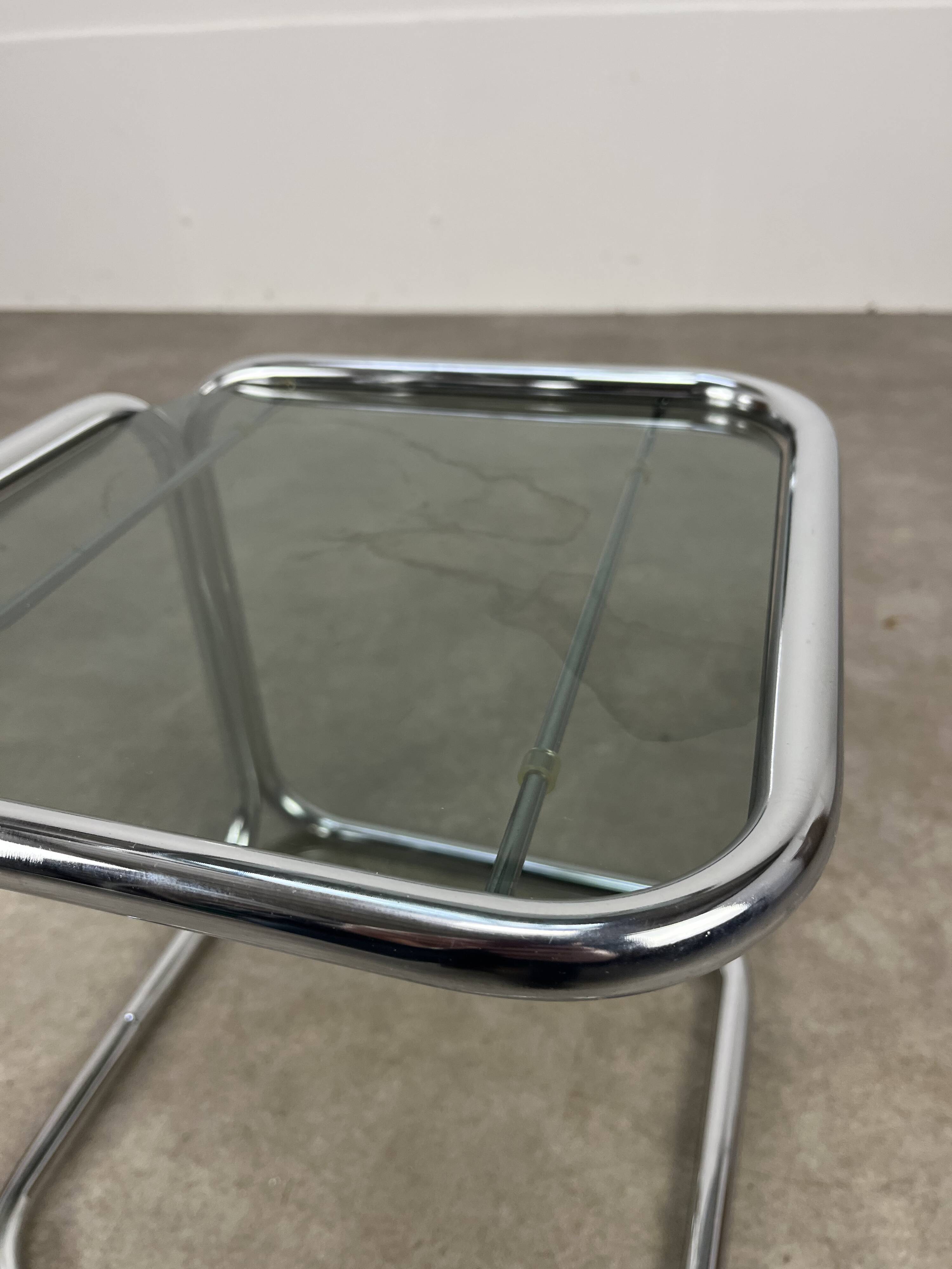 70s pedestal table, chrome and smoked glass side table