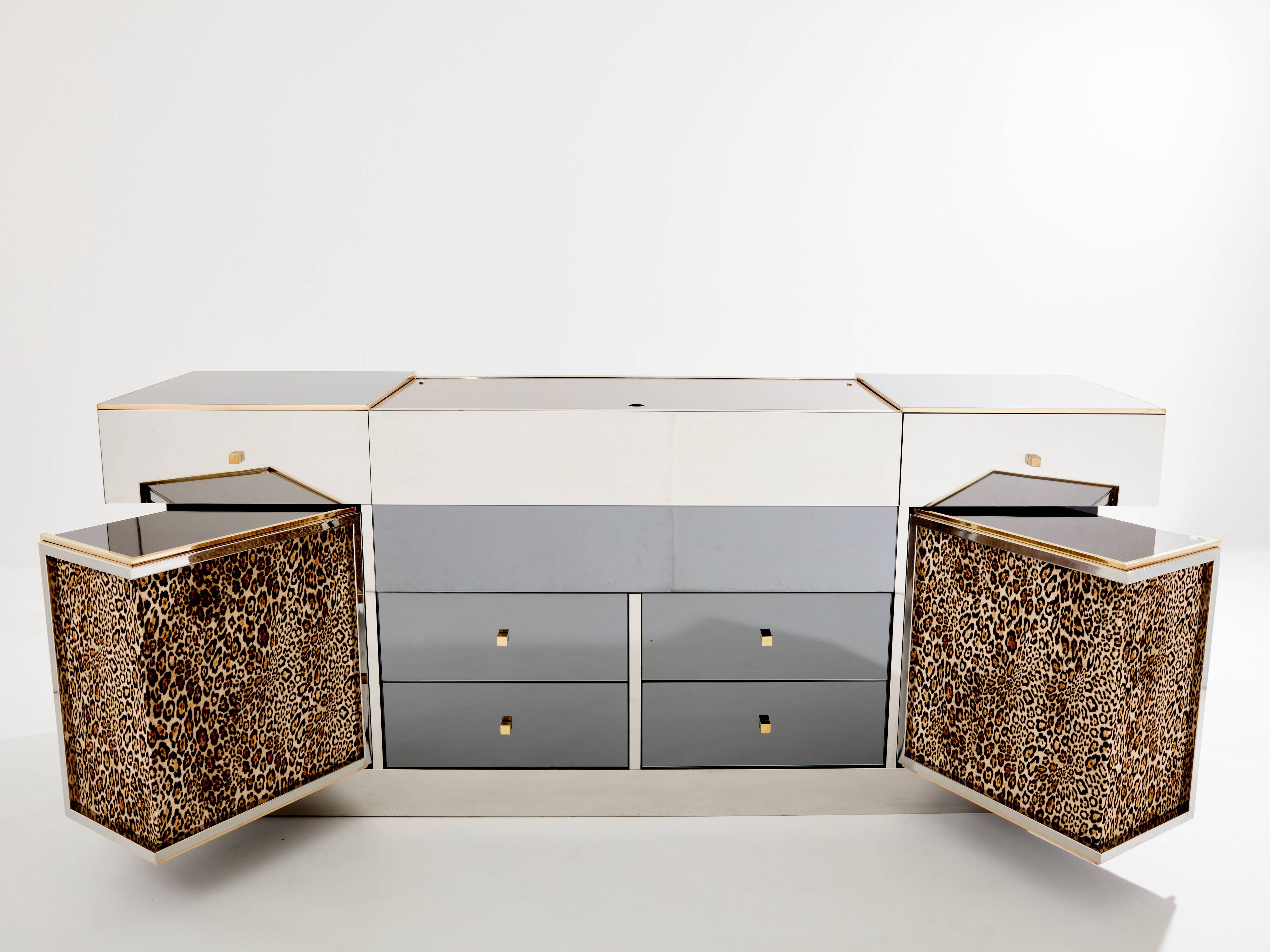 Leopard velvet mirror brass chrome sideboard Michel Pigneres 1969