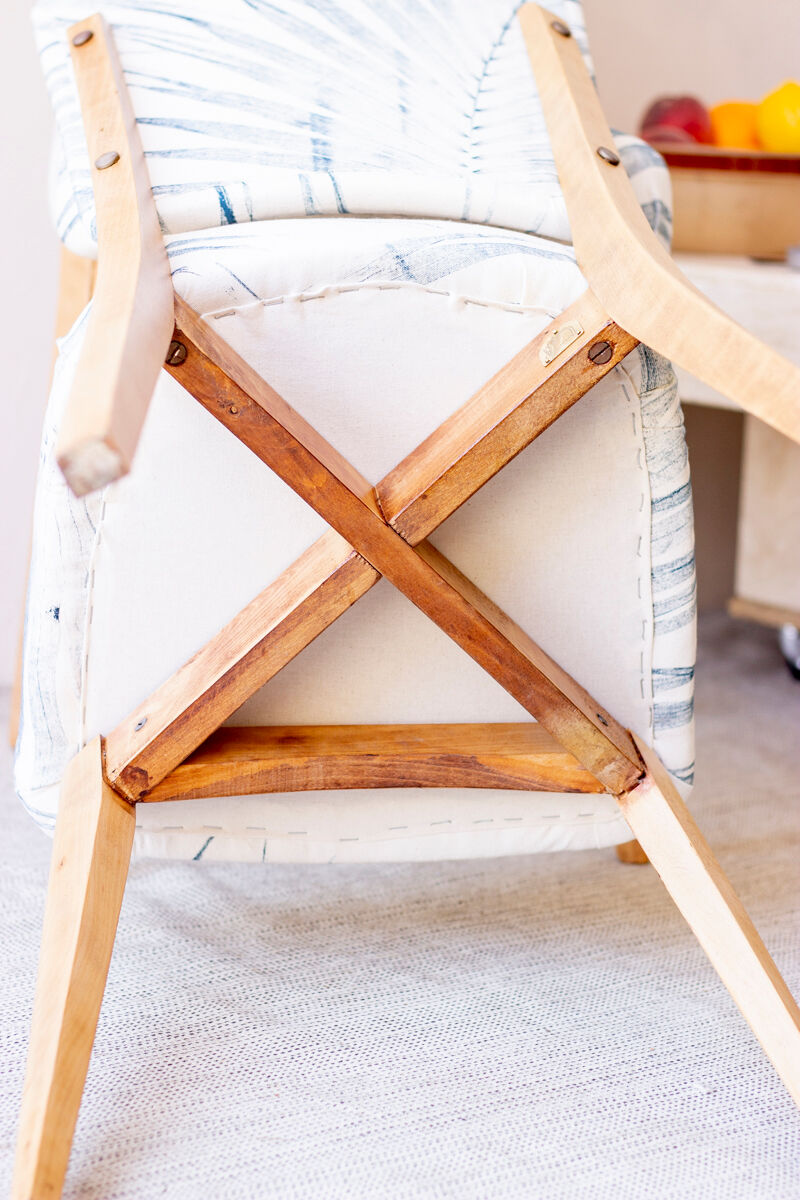 Pair of vintage chairs reupholstered with palm pattern fabric