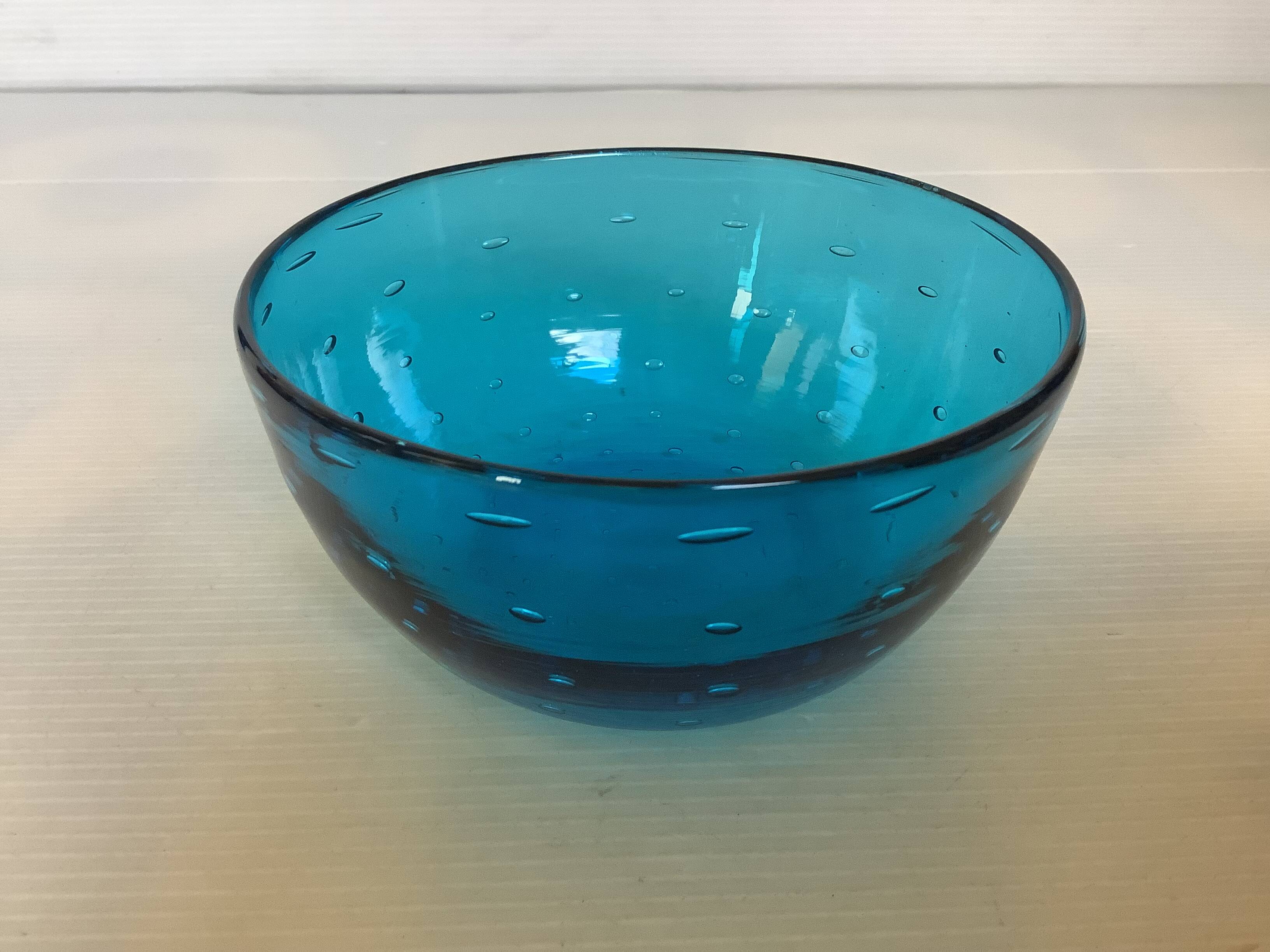 Blue glass bowl with bubbles, Murano style.