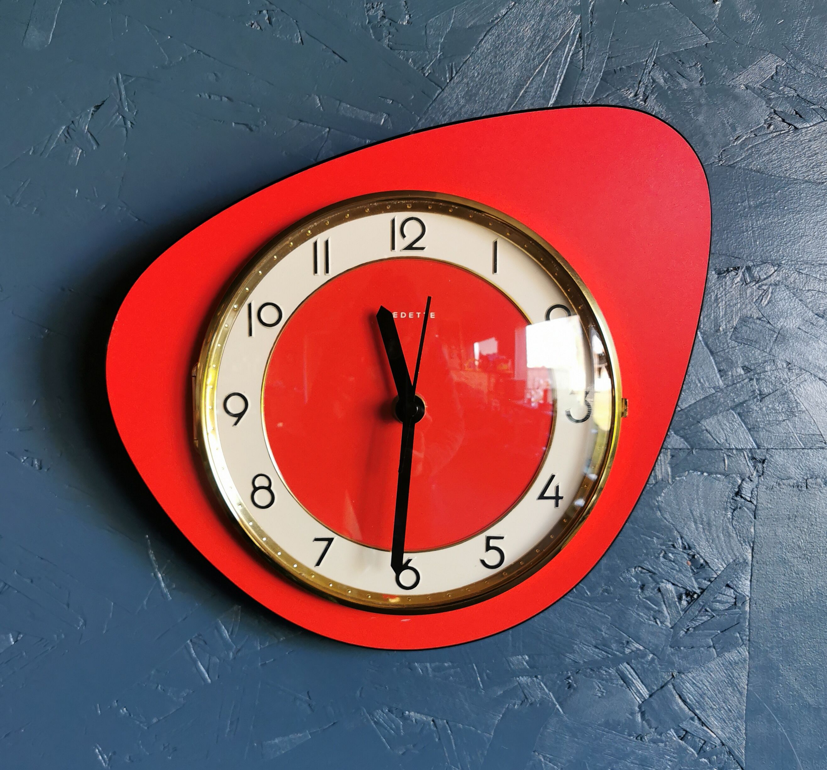 Vintage formica clock asymmetrical silent wall clock "Red Star"