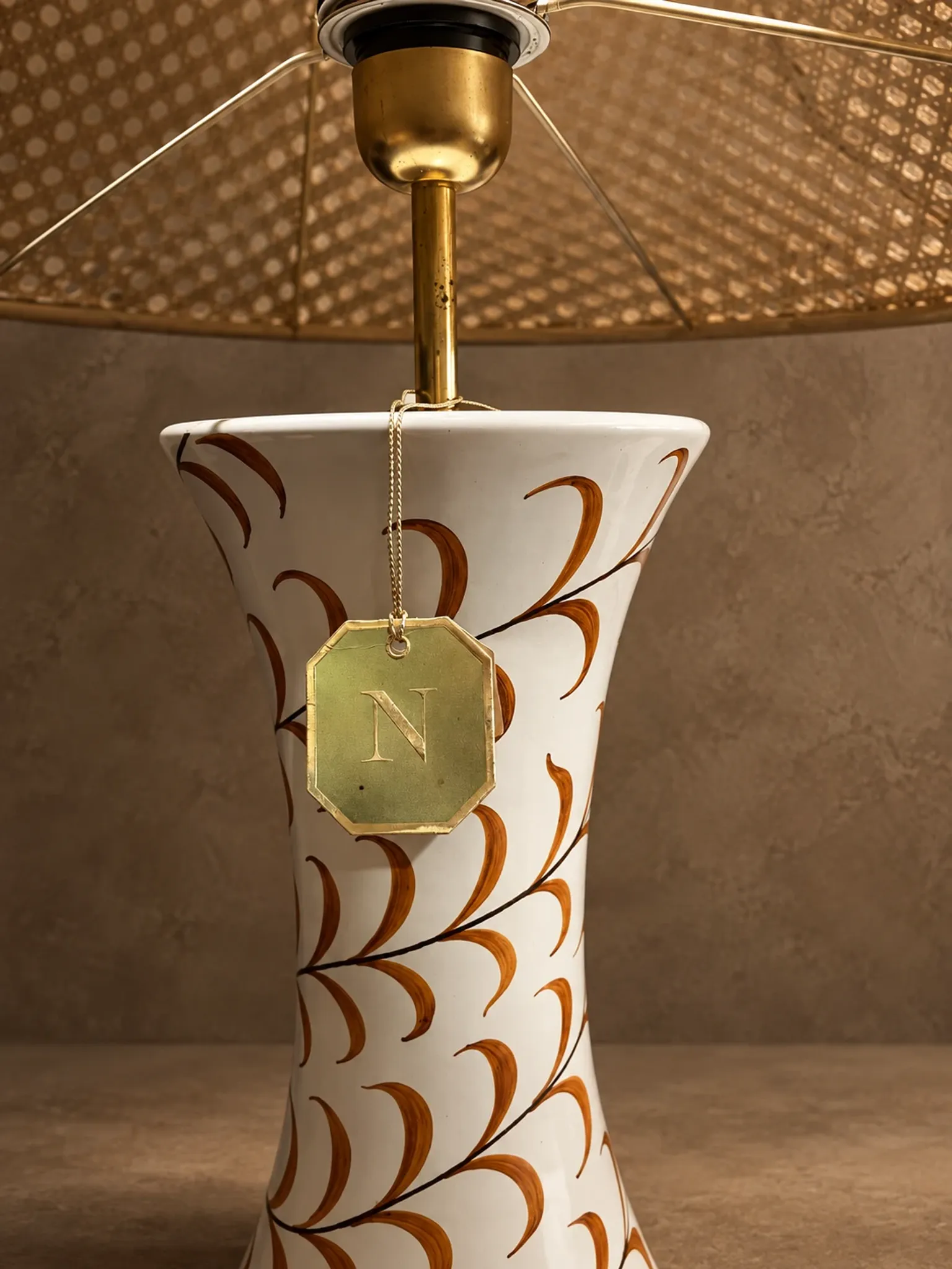 Ceramic lamp with cane shade, Nuova Capodimonte, circa 1970