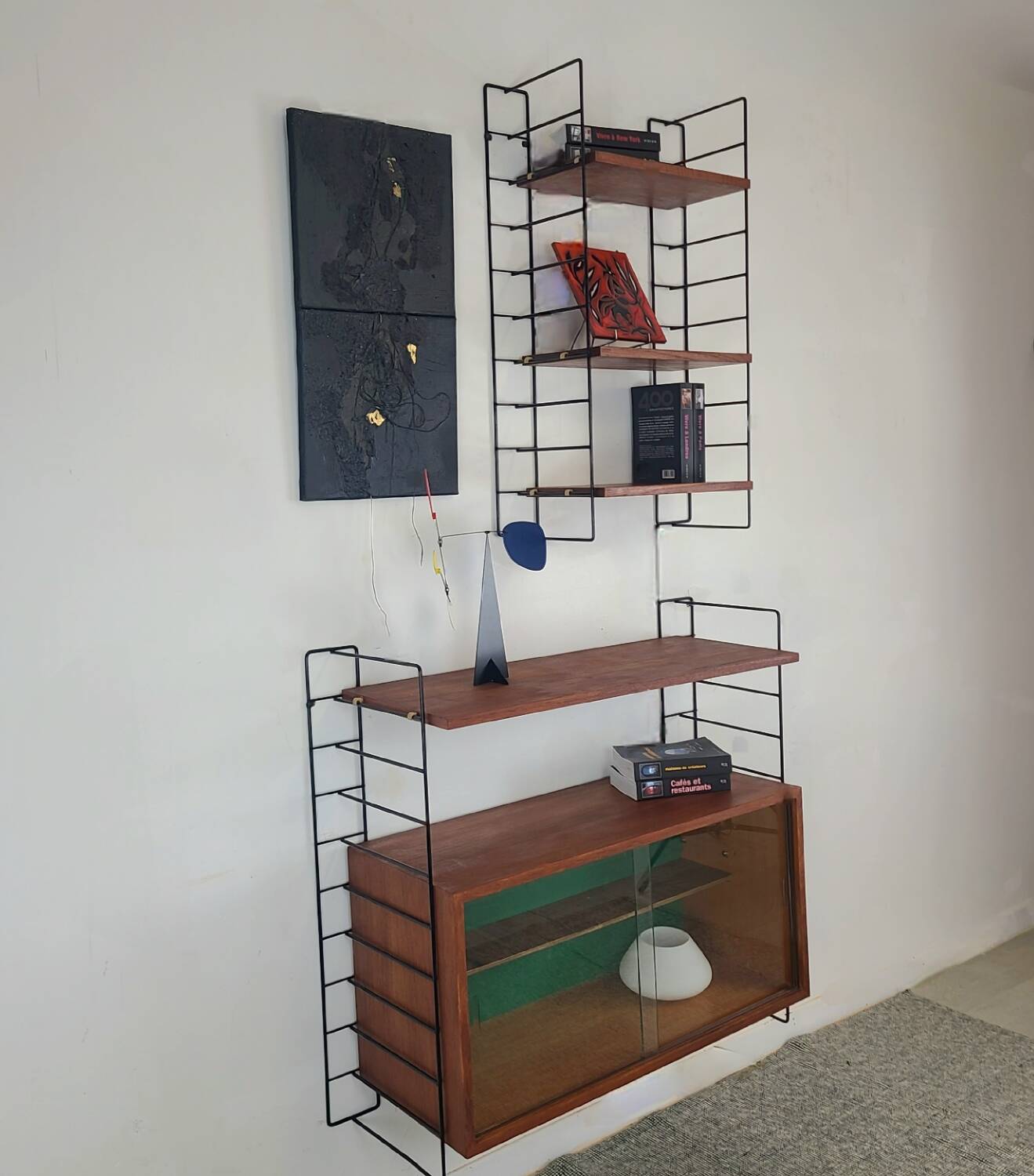 Bibliothèque murale suspendue étagères scandinave vintage teck 1960