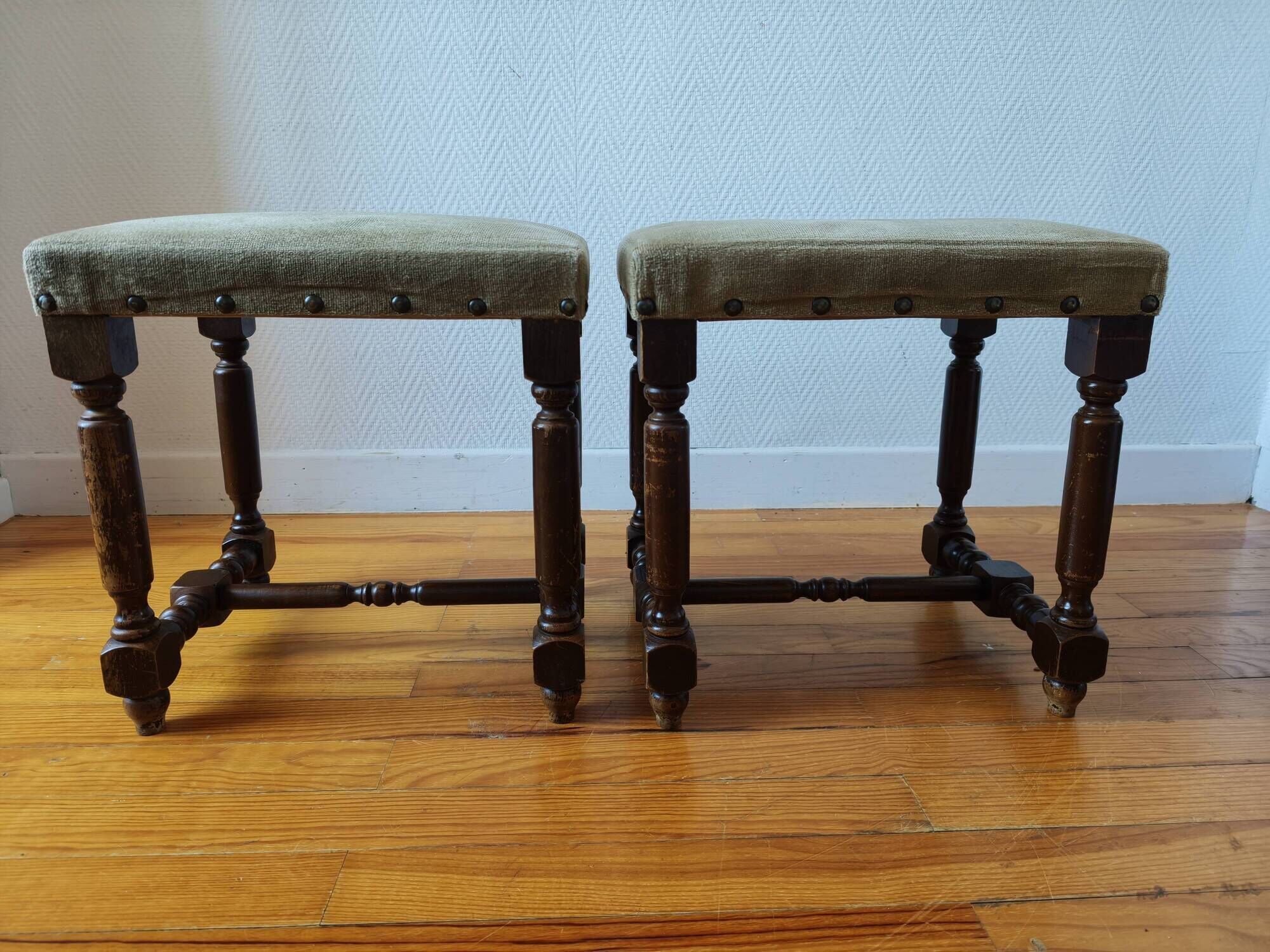 Pair of vintage Dutch stools with a patina – Wabi-Sabi spirit