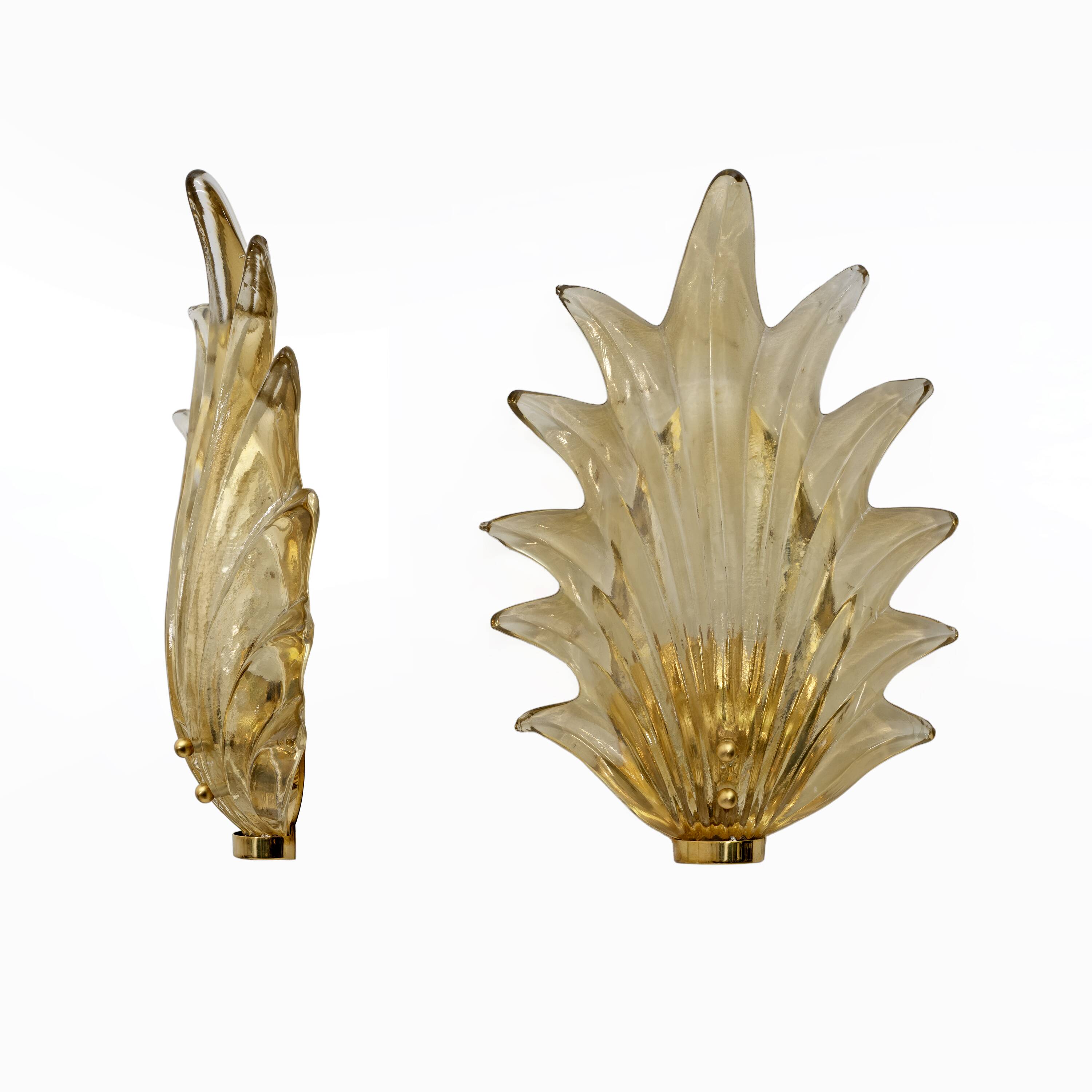 Pair Barovier & Toso Style Modern Italian Murano Glass Leaf Sconces