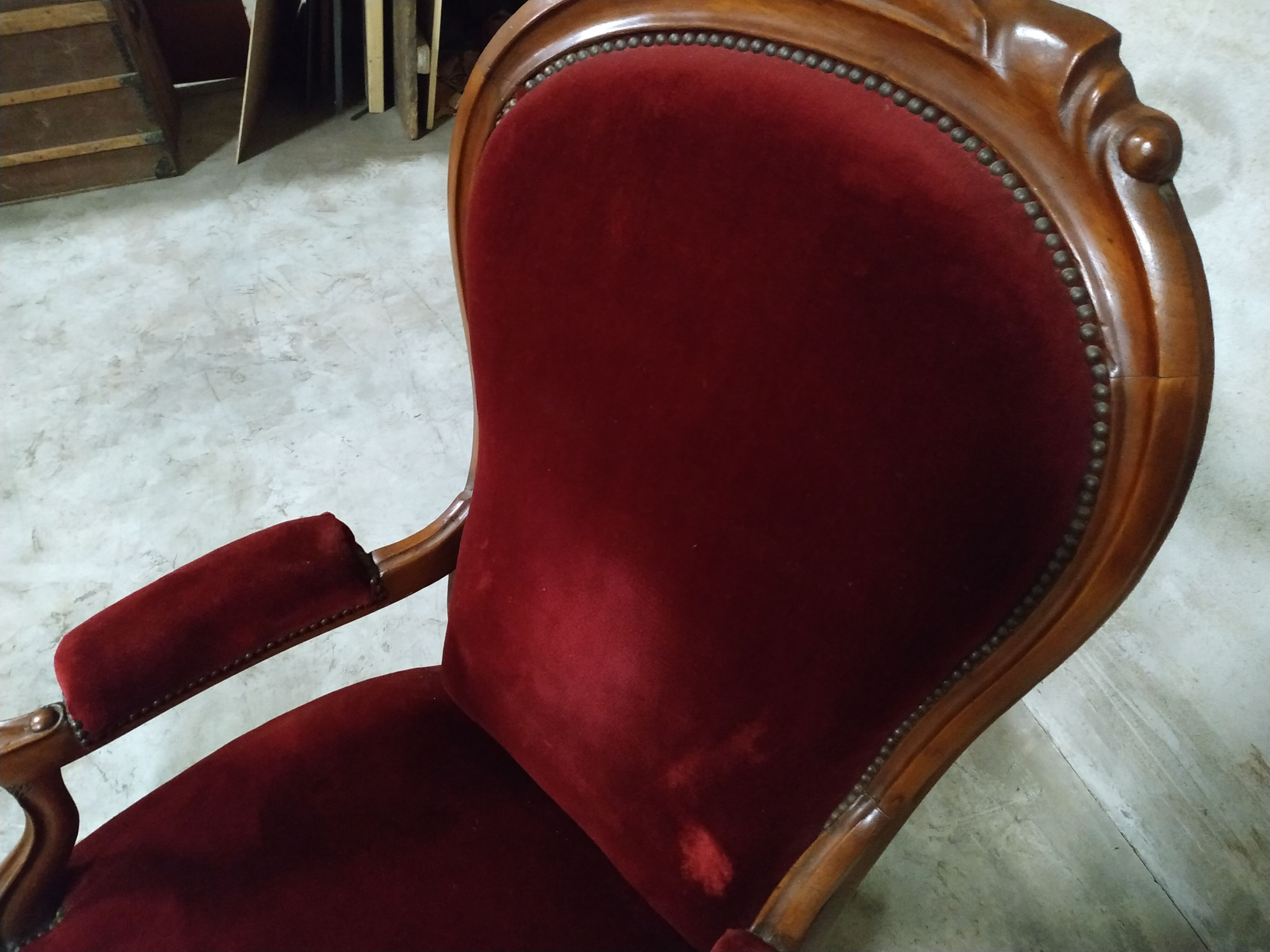 Walnut and velvet armchair