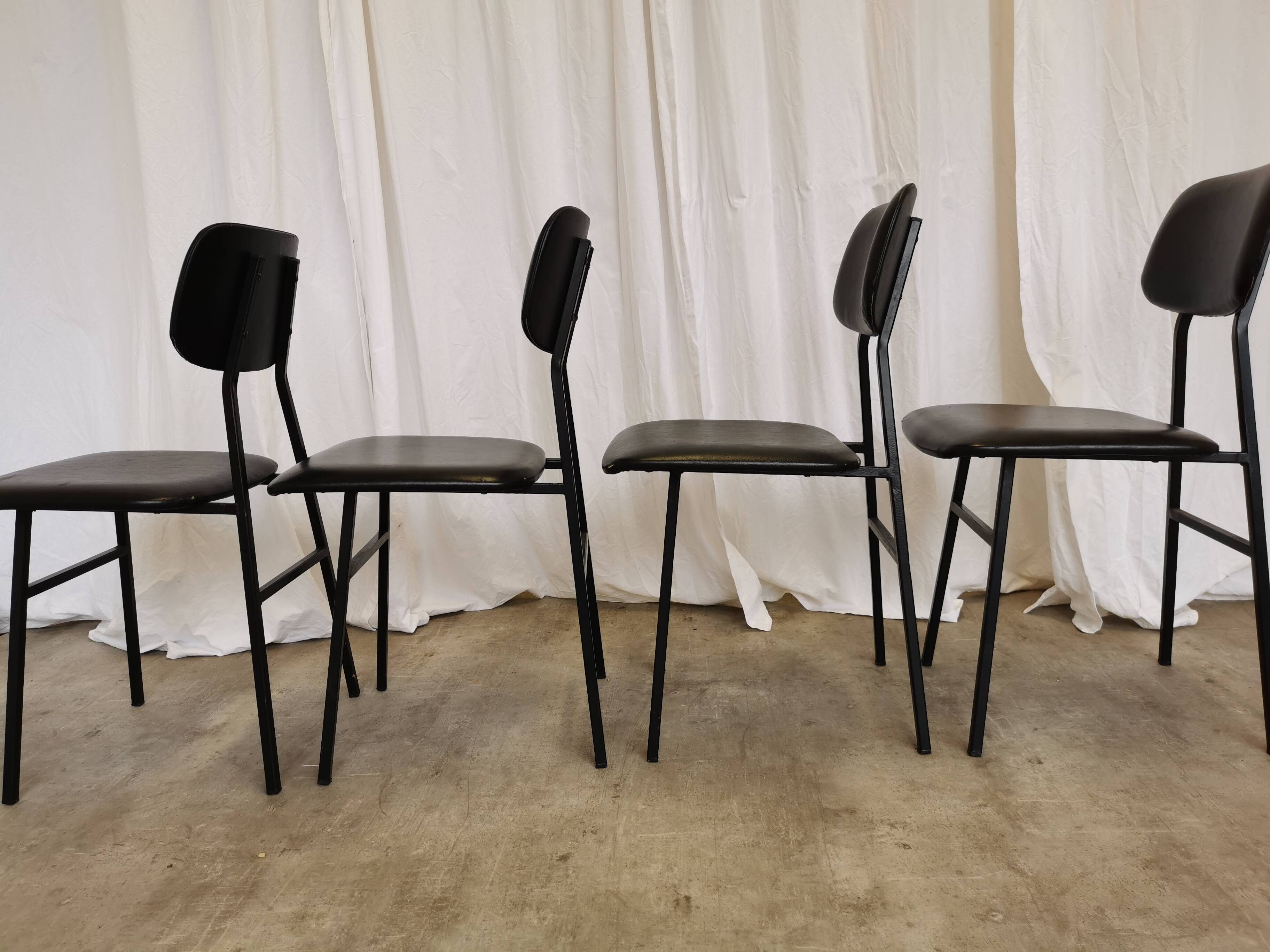 SET of 4 Vintage School Chairs /Black Leather / STOL Kamnik 80s Yugoslavia