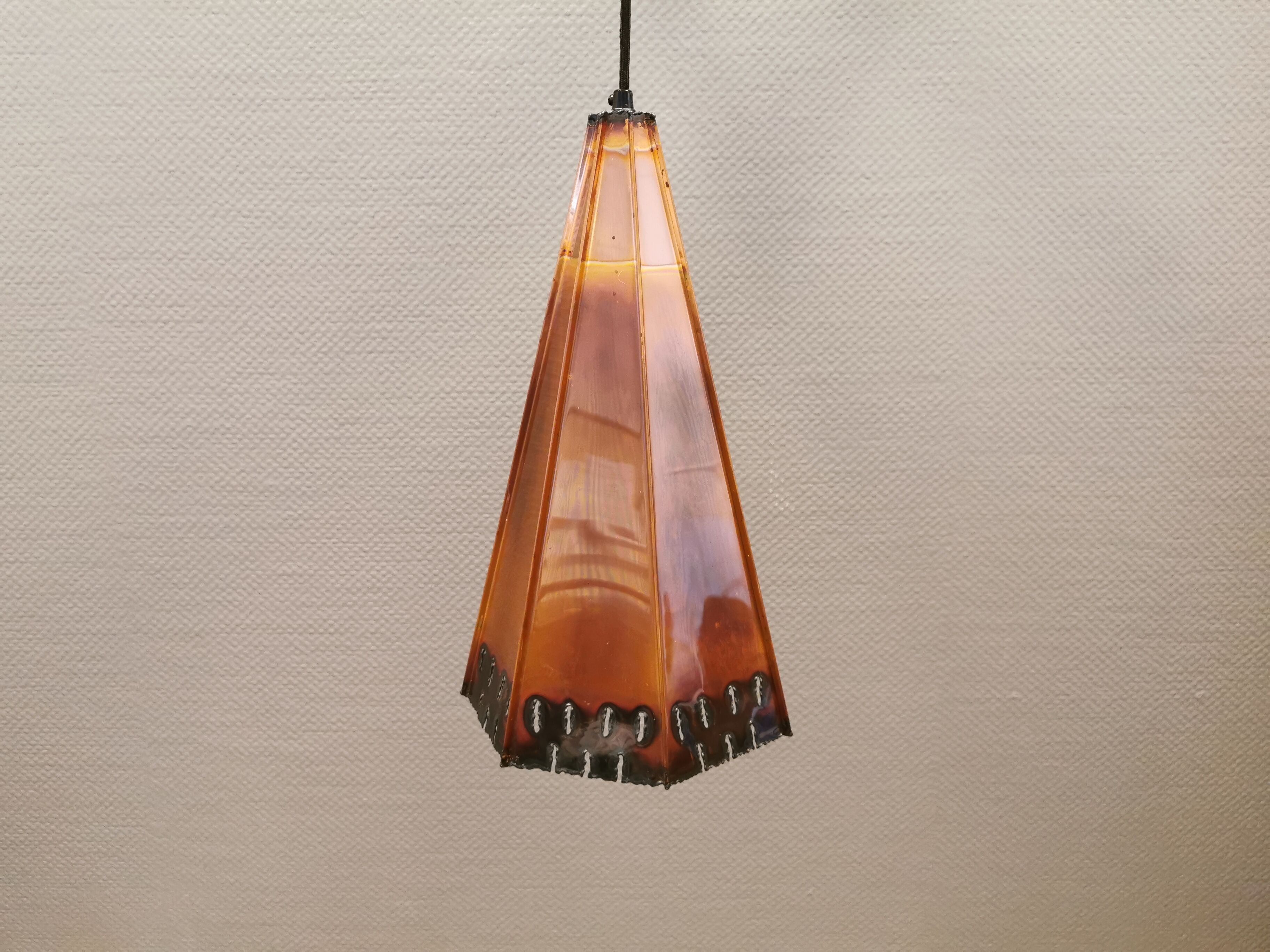 Older Danish cone-shaped hanging lamp in copper-colored lacquer with an inner contrasting shade.