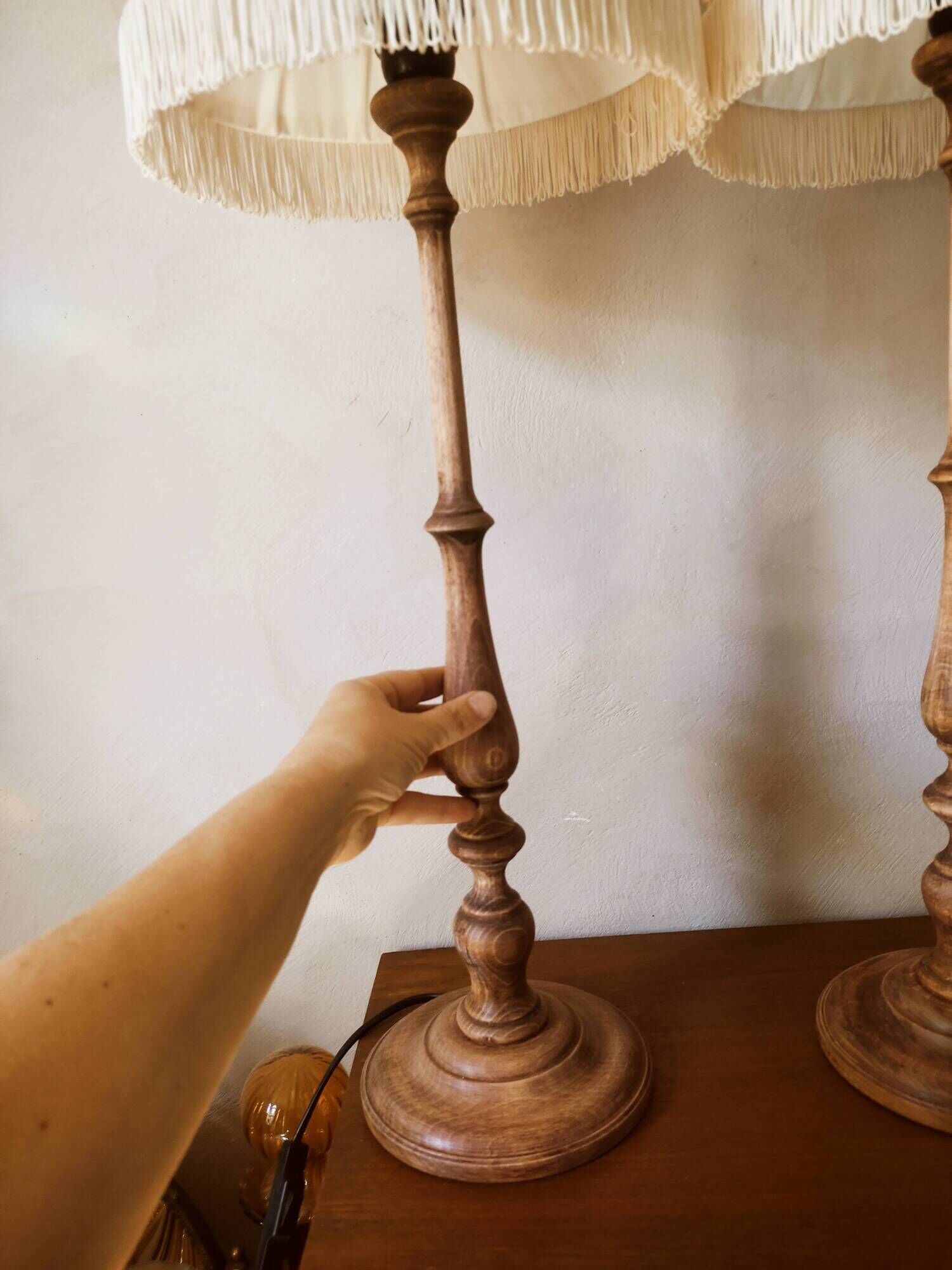 Pair of wooden lamps, pleated lampshade