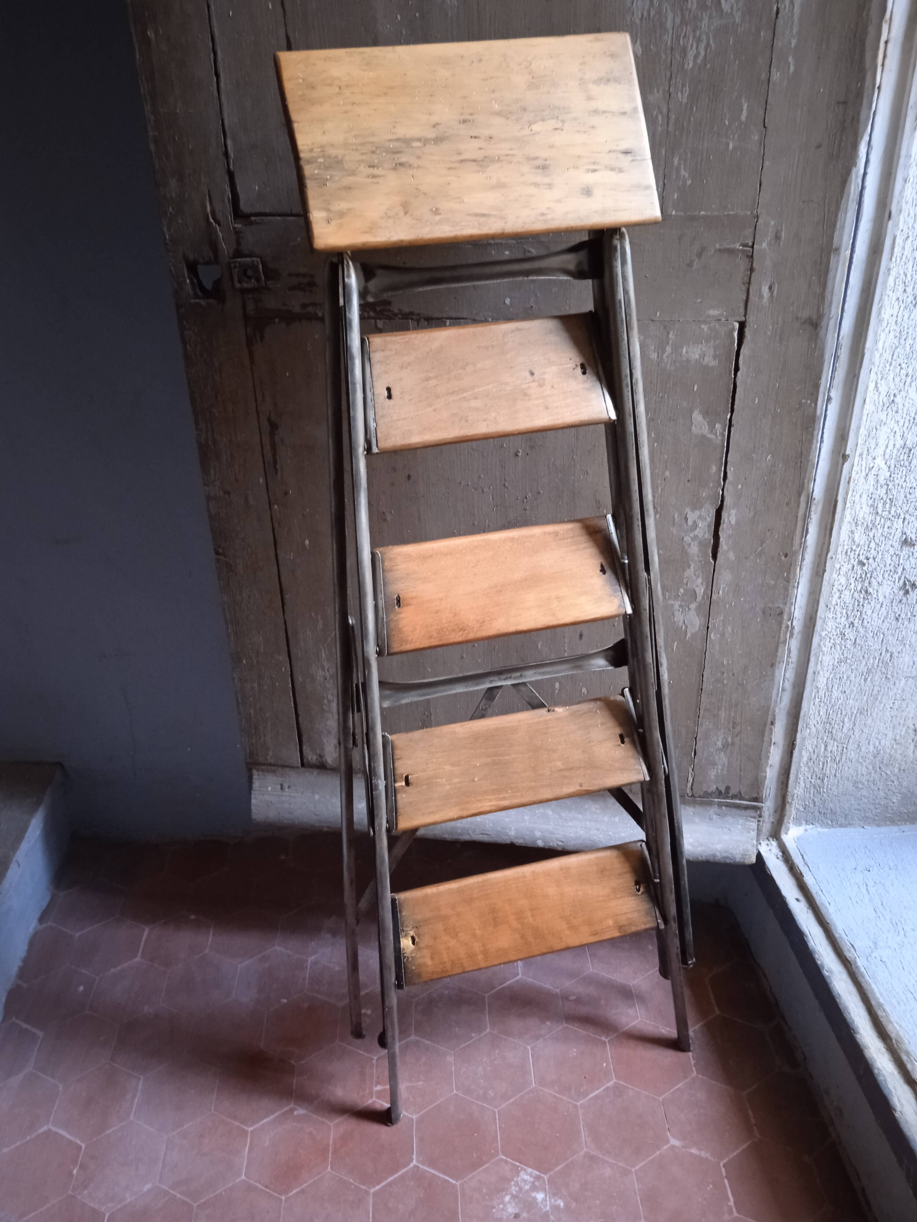 Vintage iron and wood stepladder with 5 steps