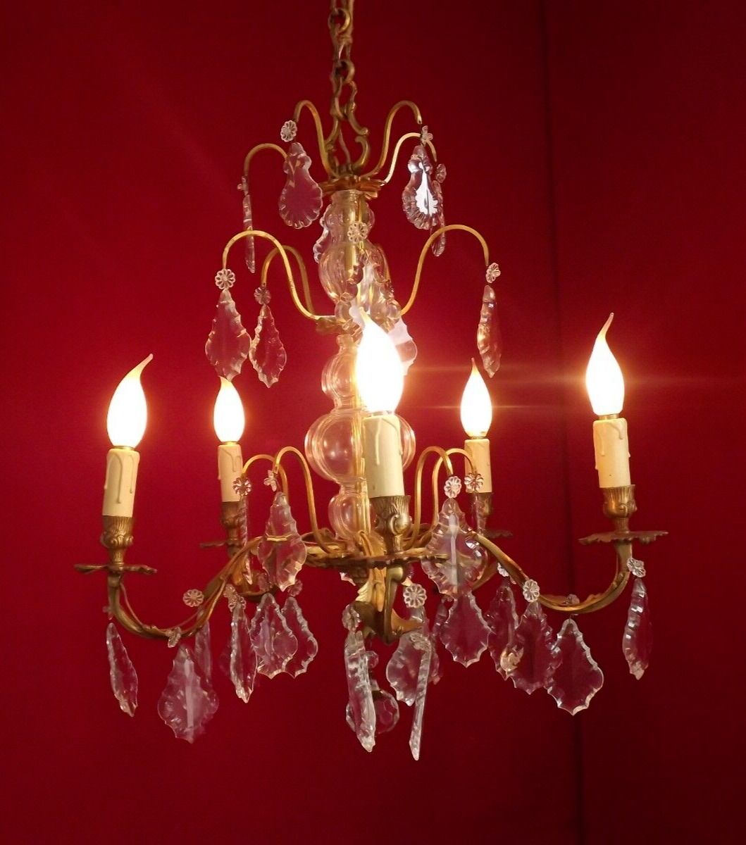 French antique 5 light brass crystal & glass acanthus leaf chandelier