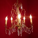 French antique 5 light brass crystal & glass acanthus leaf chandelier