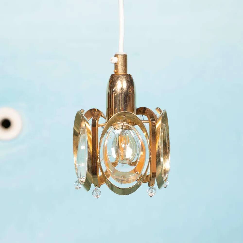 Vintage brass and crystal suspension Palwa, mid-century suspension.