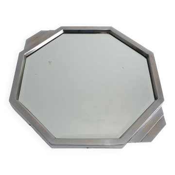 Plateau octogonal géométrique Art déco en chrome et miroir, France vers 1930