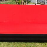 Vintage sofa 3 places convertible, red fabric and black skaï.1960s.