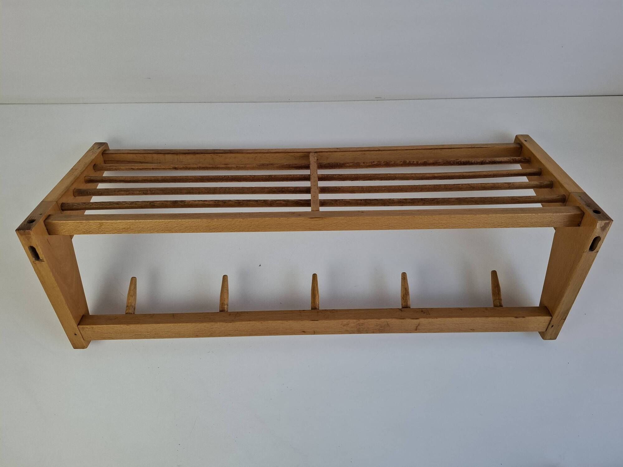 Uluv czechoslovakian mid-century wooden wall coat rack with shelf, 1970