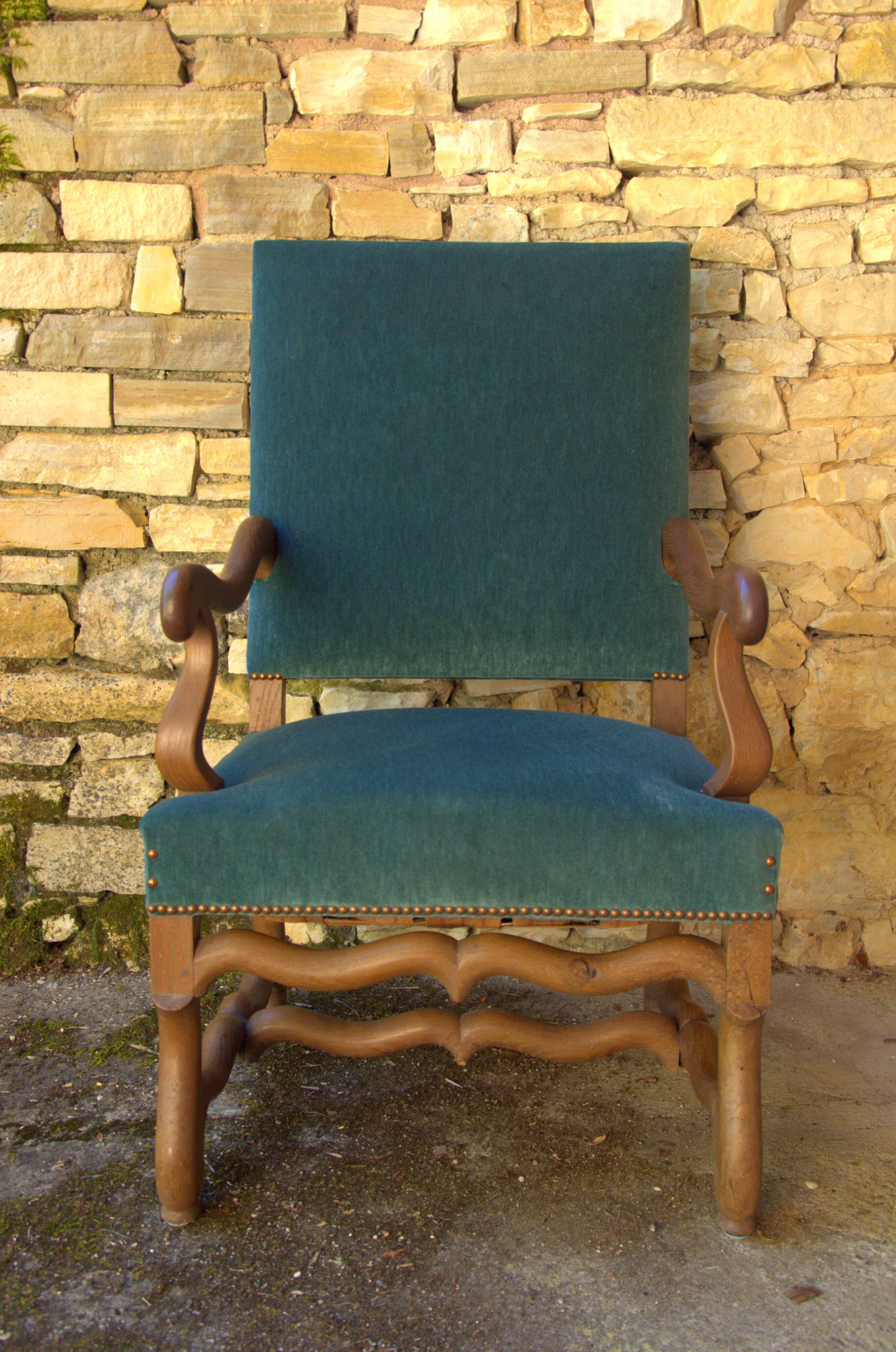 Antique Louis XIII style armchair, duck blue velvet, 67x112cm, G.Besnard