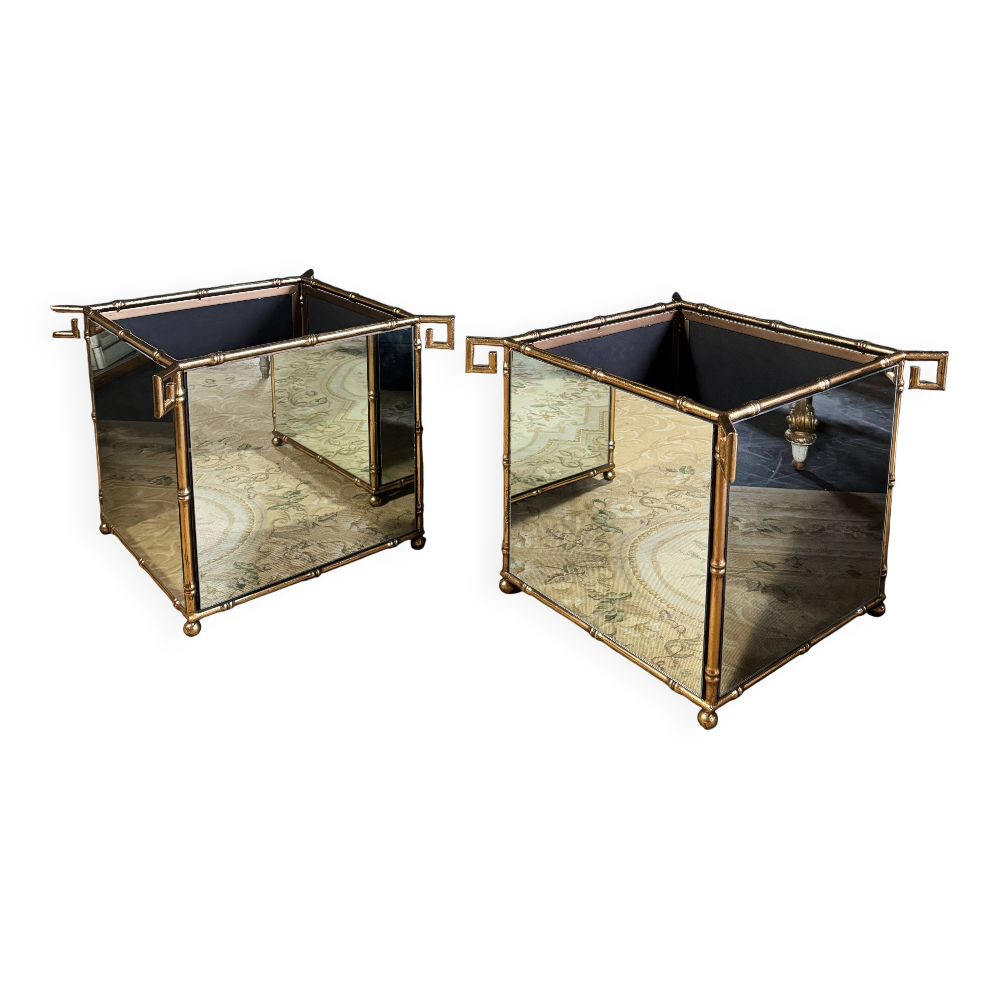 Pair of "bamboo" model planters in gold metal and glass from the 70s