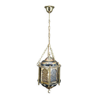 Lanterne mauresque en laiton et verre de couleur, Afrique du Nord, XXe