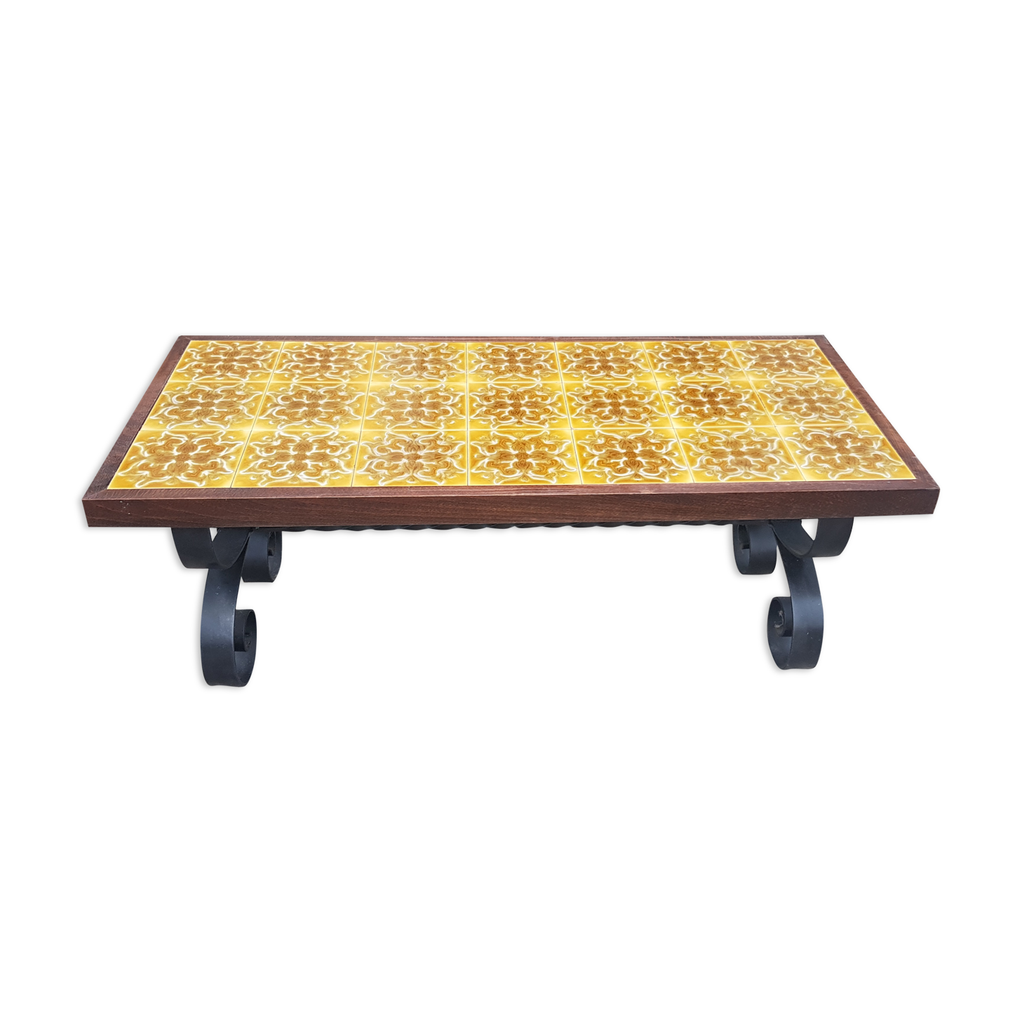 Antique vintage coffee table with glazed earthenware top