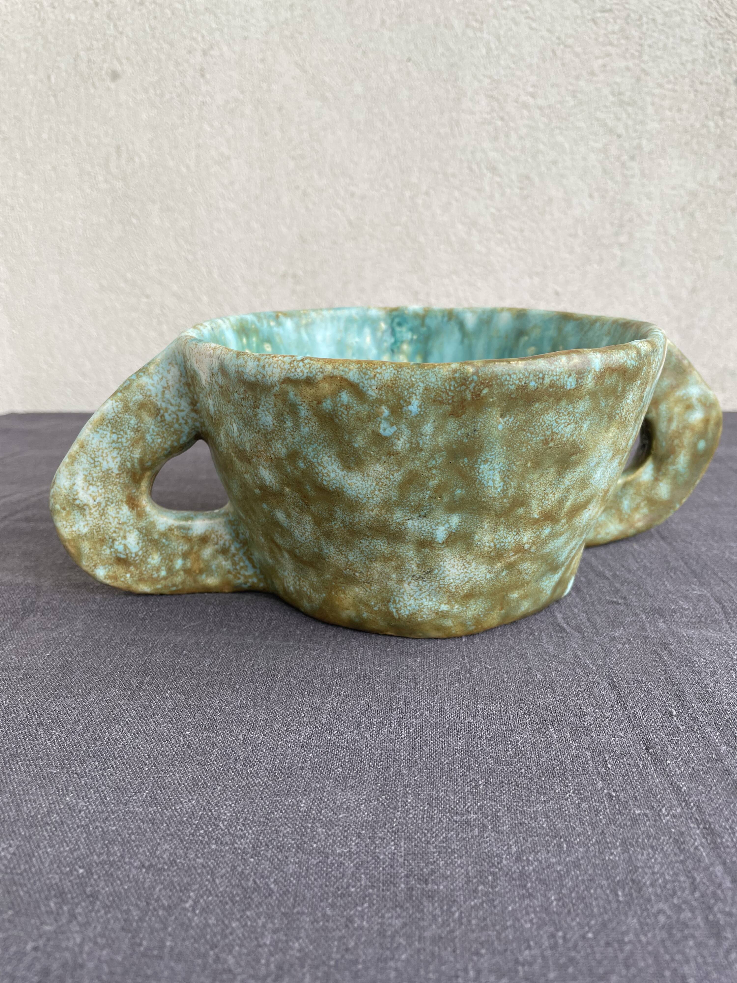 Stoneware bowl with handles, signed handmade ceramic.