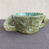 Stoneware bowl with handles, signed handmade ceramic.