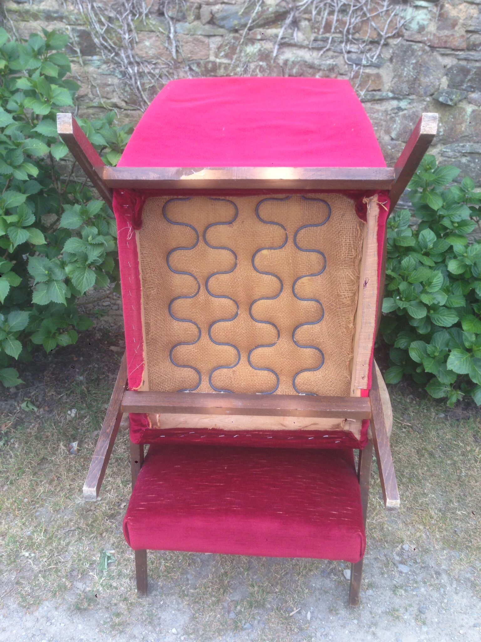 Pair of vintage armchairs with compass legs in beech and velvet.