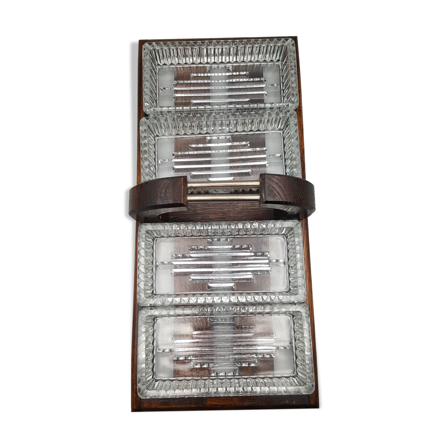 Wooden tray with glass ramekin handle servant aperitif appetizer vintage art deco appetizer