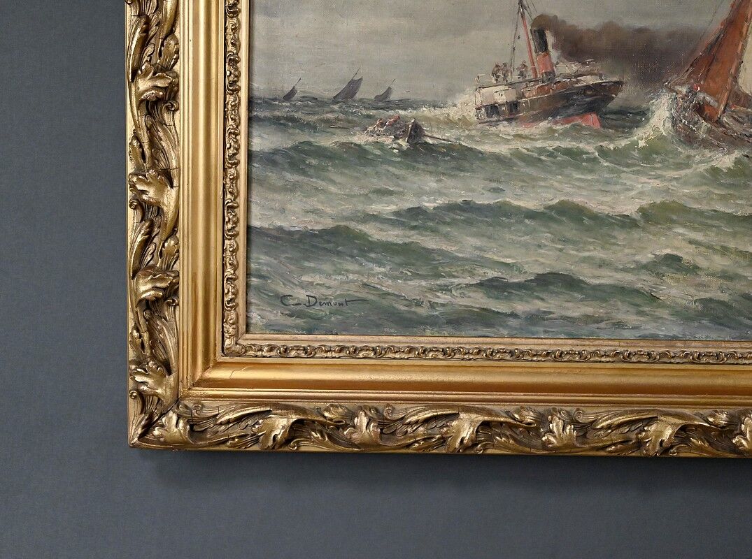 Painting "Entry to the Port in Rough Seas", oil on canvas, signed C. Demont – early 20th century