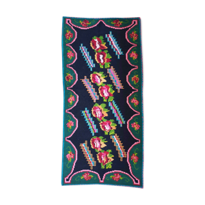 Bohemian Romanian handwoven carpet with floral colorful design and green frame