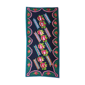 Bohemian Romanian handwoven carpet with floral colorful design and green frame