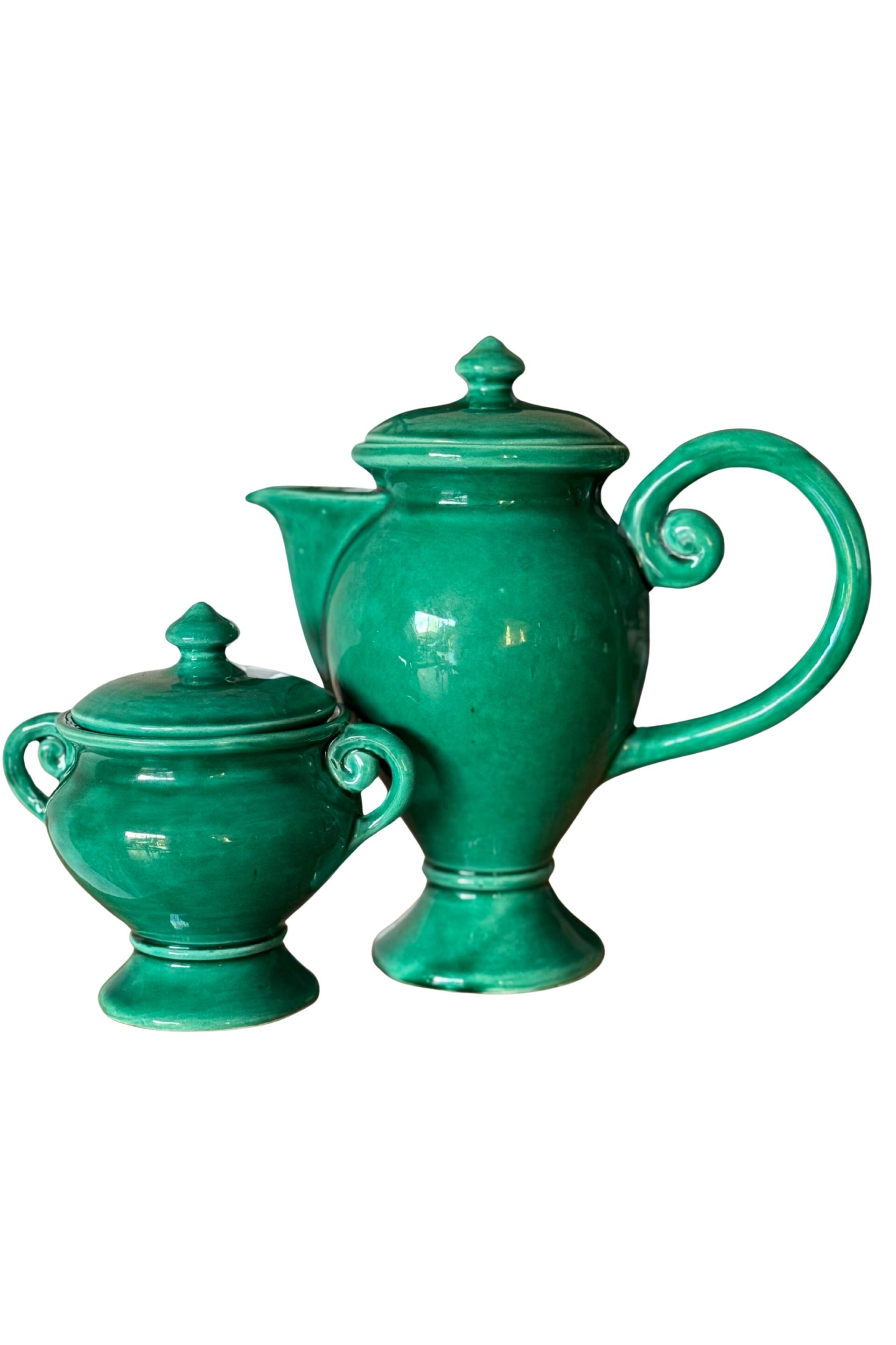 Ceramic glazed green jug and sugar bowl set, Vallauris