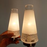 Pair of vintage double-light wall sconces in brass and etched glass from the 60s/70s.