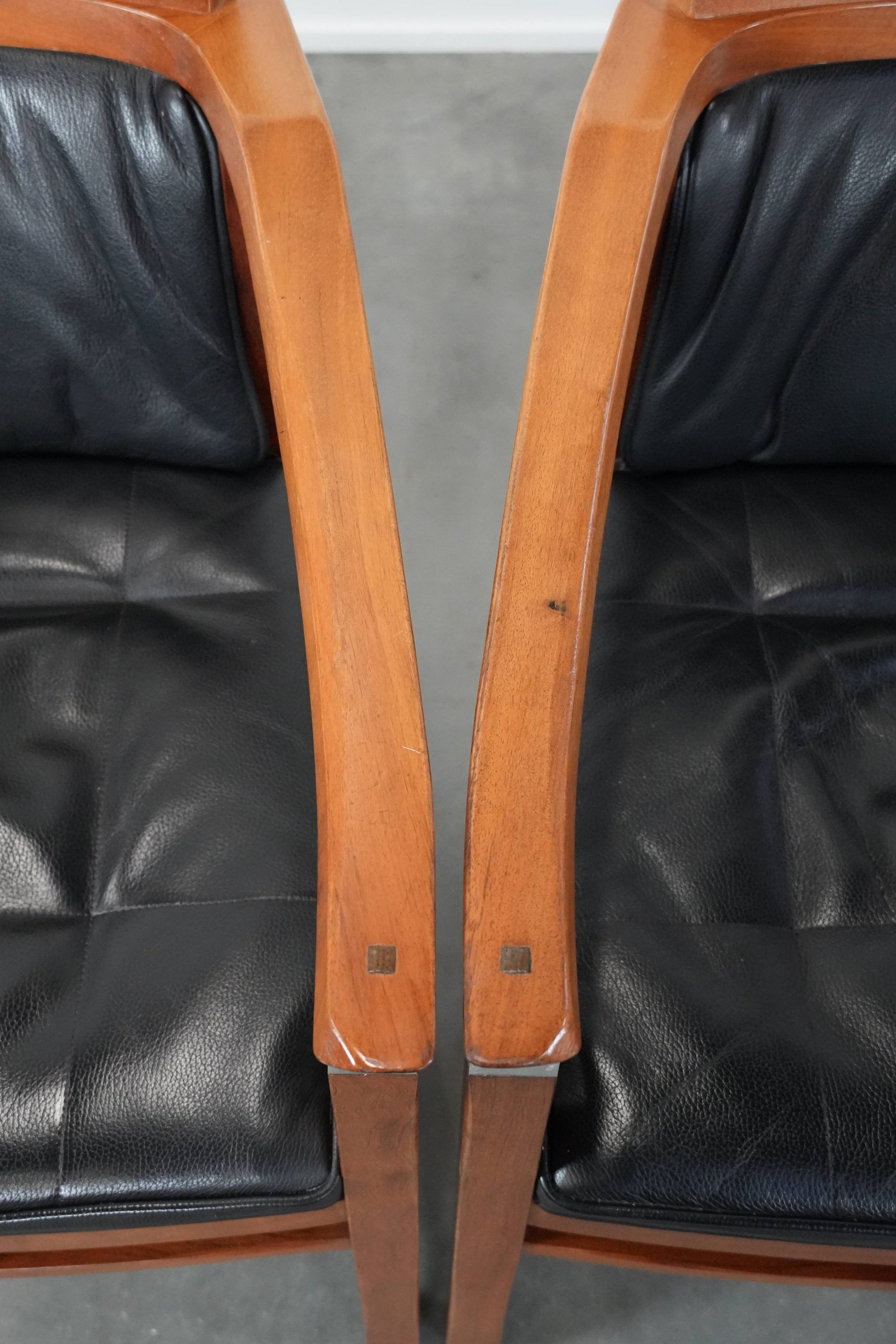 Set of 4 luxury black leather Art Deco dining chairs with armrests