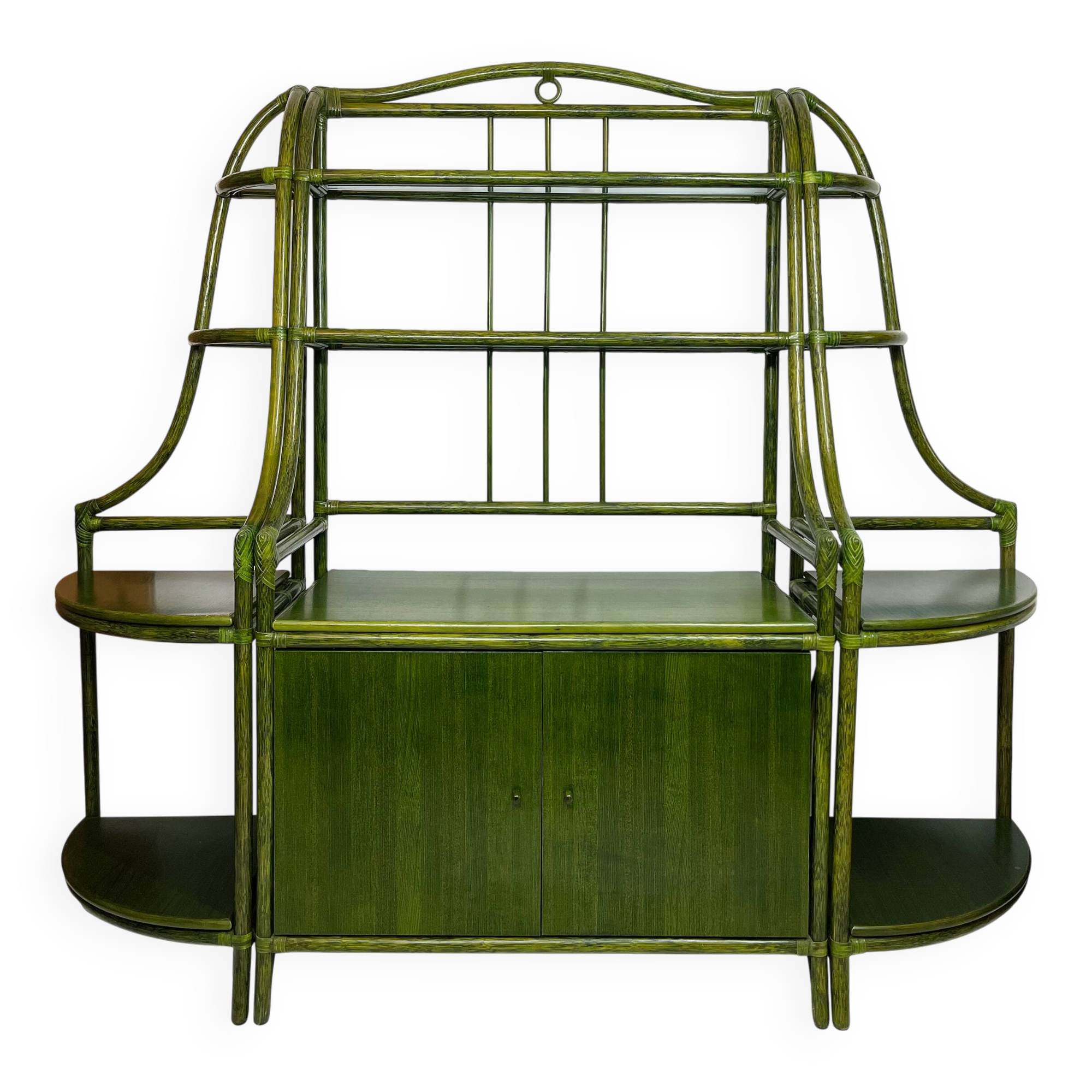 Buffet en rotin vert et hêtre, années 1970