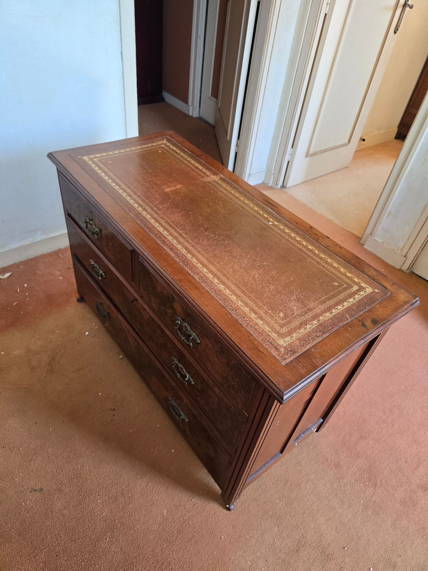 Antique wooden commode, gilded leather, 114cm