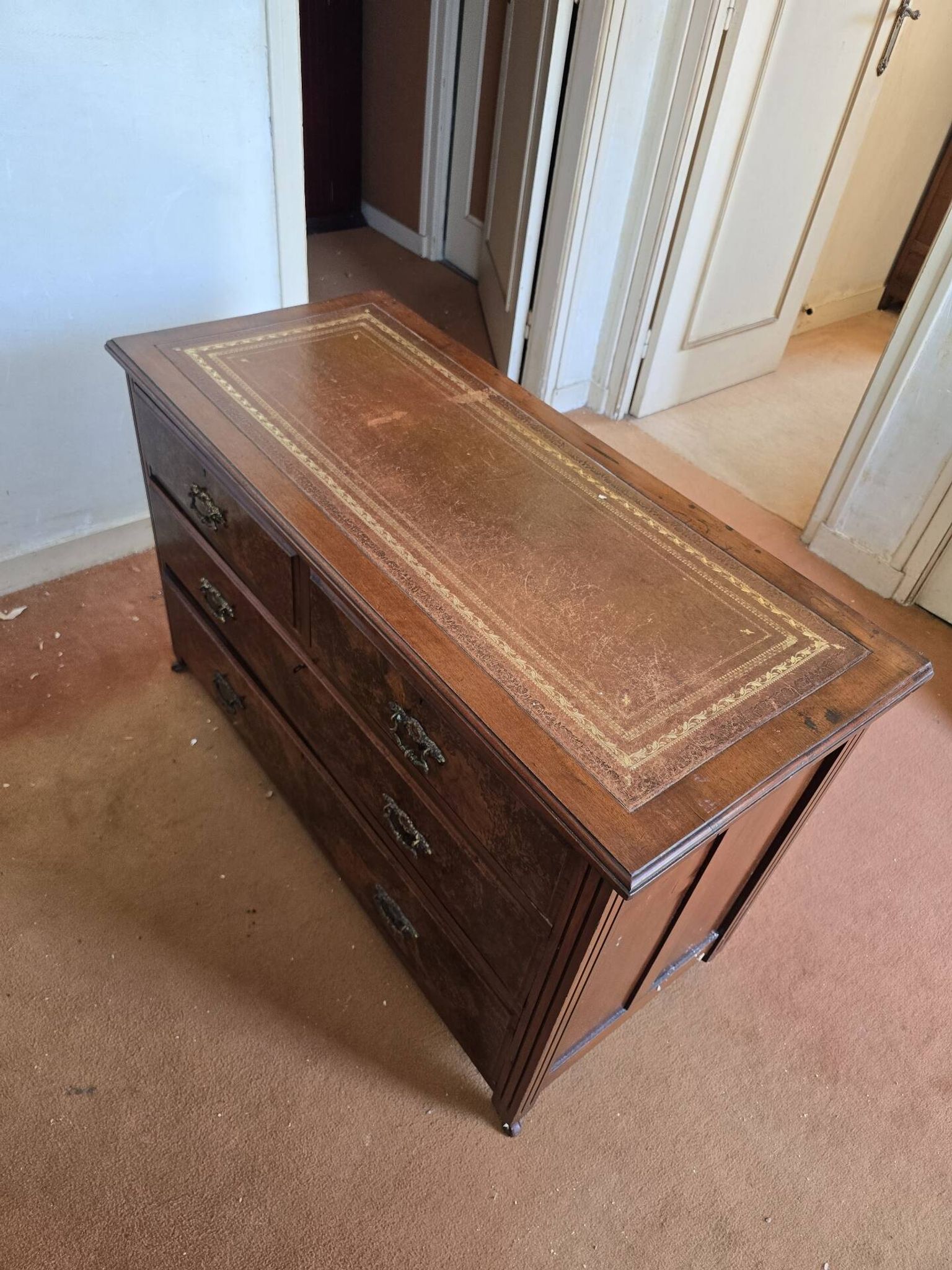 Antique wooden commode, gilded leather, 114cm